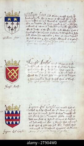 Buch der englischen Heraldik, Wappen von William Fines, Hewghe Awdly und Ingram Lord Cowlie, dieses Buch der englischen Heraldik wurde um ca. 1589. Das Manuskript gehörte der Familie Spencer, bekannt durch Inschriften auf den ersten Flügelblättern, einschließlich des Mottos „Dieu defende Le Droit“ (Gott verteidigt die Rechte). Dieses Motto wurde seit langem mit der Familie Spencer aus England, der Familie von Prinzessin Diana, sowie den Spencers, die zu den Gründern von Virginia gehörten, in Verbindung gebracht Stockfoto