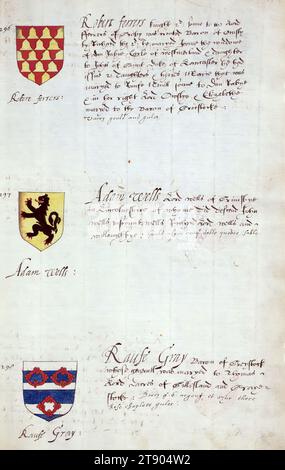 Buch der englischen Heraldik, Wappen von Robert ferrers, Adam Wells und Raufe Gray, dieses Buch der englischen Heraldik wurde um ca. 1589. Das Manuskript gehörte der Familie Spencer, bekannt durch Inschriften auf den ersten Flügelblättern, einschließlich des Mottos „Dieu defende Le Droit“ (Gott verteidigt die Rechte). Dieses Motto wurde seit langem mit der Familie Spencer aus England, der Familie von Prinzessin Diana, sowie den Spencers, die zu den Gründern von Virginia gehörten, in Verbindung gebracht Stockfoto