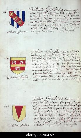 Buch der englischen Heraldik, Wappen von William Gramson, William Willoughbie und Walter Shandois, dieses Buch der englischen Heraldik wurde um ca. 1589. Das Manuskript gehörte der Familie Spencer, bekannt durch Inschriften auf den ersten Flügelblättern, einschließlich des Mottos „Dieu defende Le Droit“ (Gott verteidigt die Rechte). Dieses Motto wurde seit langem mit der Familie Spencer aus England, der Familie von Prinzessin Diana, sowie den Spencers, die zu den Gründern von Virginia gehörten, in Verbindung gebracht Stockfoto