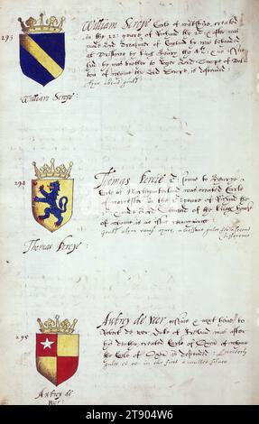 Buch der englischen Heraldik, Wappen von William Scrope, Thomas Percye und Awbrey de Ver, dieses Buch der englischen Heraldik wurde um ca. 1589. Das Manuskript gehörte der Familie Spencer, bekannt durch Inschriften auf den ersten Flügelblättern, einschließlich des Mottos „Dieu defende Le Droit“ (Gott verteidigt die Rechte). Dieses Motto wurde seit langem mit der Familie Spencer aus England, der Familie von Prinzessin Diana, sowie den Spencers, die zu den Gründern von Virginia gehörten, in Verbindung gebracht Stockfoto