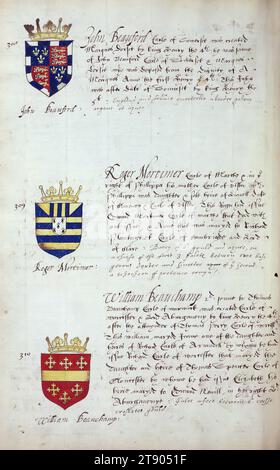 Buch der englischen Heraldik, Wappen von John Beauford, Roger Mortimer und William Beauchamp, dieses Buch der englischen Heraldik wurde um ca. 1589. Das Manuskript gehörte der Familie Spencer, bekannt durch Inschriften auf den ersten Flügelblättern, einschließlich des Mottos „Dieu defende Le Droit“ (Gott verteidigt die Rechte). Dieses Motto wurde seit langem mit der Familie Spencer aus England, der Familie von Prinzessin Diana, sowie den Spencers, die zu den Gründern von Virginia gehörten, in Verbindung gebracht Stockfoto