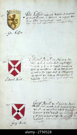 Buch der englischen Heraldik, Wappen von John (Robbert), Edward Nevill und George Nevill, dieses Buch der englischen Heraldik wurde um ca. 1589. Das Manuskript gehörte der Familie Spencer, bekannt durch Inschriften auf den ersten Flügelblättern, einschließlich des Mottos „Dieu defende Le Droit“ (Gott verteidigt die Rechte). Dieses Motto wurde seit langem mit der Familie Spencer aus England, der Familie von Prinzessin Diana, sowie den Spencers, die zu den Gründern von Virginia gehörten, in Verbindung gebracht Stockfoto