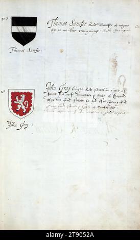 Buch der englischen Heraldik, Wappen von Thomas Samfer und John Gray, dieses Buch der englischen Heraldik wurde um ca. 1589. Das Manuskript gehörte der Familie Spencer, bekannt durch Inschriften auf den ersten Flügelblättern, einschließlich des Mottos „Dieu defende Le Droit“ (Gott verteidigt die Rechte). Dieses Motto wurde seit langem mit der Familie Spencer aus England, der Familie von Prinzessin Diana, sowie den Spencers, die zu den Gründern von Virginia gehörten, in Verbindung gebracht Stockfoto