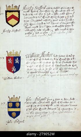 Buch der englischen Heraldik, Wappen von Humfry Stafford, William Herbert und John Delapoole, dieses Buch der englischen Heraldik wurde um ca. 1589. Das Manuskript gehörte der Familie Spencer, bekannt durch Inschriften auf den ersten Flügelblättern, einschließlich des Mottos „Dieu defende Le Droit“ (Gott verteidigt die Rechte). Dieses Motto wurde seit langem mit der Familie Spencer aus England, der Familie von Prinzessin Diana, sowie den Spencers, die zu den Gründern von Virginia gehörten, in Verbindung gebracht Stockfoto