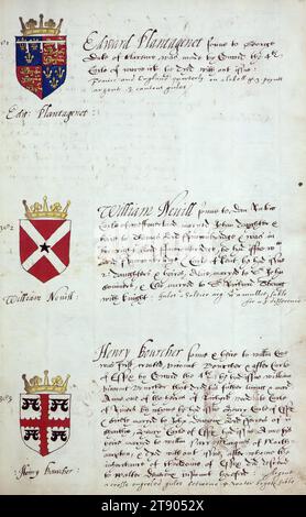 Buch der englischen Heraldik, Wappen von Edward Plantagenet, William Nevill und Henry Bourcher, dieses Buch der englischen Heraldik wurde um ca. 1589. Das Manuskript gehörte der Familie Spencer, bekannt durch Inschriften auf den ersten Flügelblättern, einschließlich des Mottos „Dieu defende Le Droit“ (Gott verteidigt die Rechte). Dieses Motto wurde seit langem mit der Familie Spencer aus England, der Familie von Prinzessin Diana, sowie den Spencers, die zu den Gründern von Virginia gehörten, in Verbindung gebracht Stockfoto