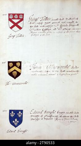 Buch der englischen Heraldik, Wappen von George Talbois, Thomas Wentworthe und Edward Broughe, dieses Buch der englischen Heraldik wurde um ca. 1589. Das Manuskript gehörte der Familie Spencer, bekannt durch Inschriften auf den ersten Flügelblättern, einschließlich des Mottos „Dieu defende Le Droit“ (Gott verteidigt die Rechte). Dieses Motto wurde seit langem mit der Familie Spencer aus England, der Familie von Prinzessin Diana, sowie den Spencers, die zu den Gründern von Virginia gehörten, in Verbindung gebracht Stockfoto