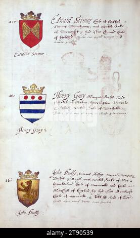 Buch der englischen Heraldik, Wappen von Edward Seimor, Henry Gray und John Dudly, dieses Buch der englischen Heraldik wurde um ca. 1589. Das Manuskript gehörte der Familie Spencer, bekannt durch Inschriften auf den ersten Flügelblättern, einschließlich des Mottos „Dieu defende Le Droit“ (Gott verteidigt die Rechte). Dieses Motto wurde seit langem mit der Familie Spencer aus England, der Familie von Prinzessin Diana, sowie den Spencers, die zu den Gründern von Virginia gehörten, in Verbindung gebracht Stockfoto