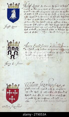 Buch der englischen Heraldik, Wappen von Hughe Lupus, Henry Earle ferrers und William Fitzevstance, dieses Buch der englischen Heraldik wurde um ca. 1589. Das Manuskript gehörte der Familie Spencer, bekannt durch Inschriften auf den ersten Flügelblättern, einschließlich des Mottos „Dieu defende Le Droit“ (Gott verteidigt die Rechte). Dieses Motto wurde seit langem mit der Familie Spencer aus England, der Familie von Prinzessin Diana, sowie den Spencers, die zu den Gründern von Virginia gehörten, in Verbindung gebracht Stockfoto