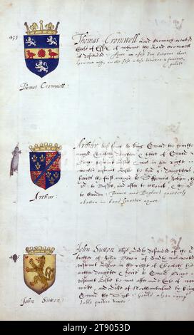 Buch der englischen Heraldik, Wappen von Thomas Cromwell, Arthur und John Sutton, dieses Buch der englischen Heraldik wurde um ca. 1589. Das Manuskript gehörte der Familie Spencer, bekannt durch Inschriften auf den ersten Flügelblättern, einschließlich des Mottos „Dieu defende Le Droit“ (Gott verteidigt die Rechte). Dieses Motto wurde seit langem mit der Familie Spencer aus England, der Familie von Prinzessin Diana, sowie den Spencers, die zu den Gründern von Virginia gehörten, in Verbindung gebracht Stockfoto