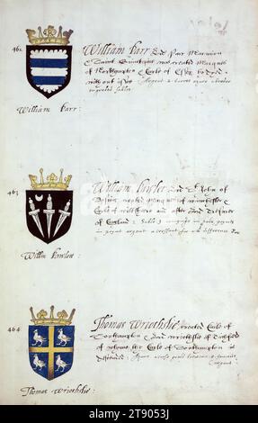 Buch der englischen Heraldik, Wappen von William Parr, William Pawlet und Thomas Wriothshe, dieses Buch der englischen Heraldik wurde um ca. 1589. Das Manuskript gehörte der Familie Spencer, bekannt durch Inschriften auf den ersten Flügelblättern, einschließlich des Mottos „Dieu defende Le Droit“ (Gott verteidigt die Rechte). Dieses Motto wurde seit langem mit der Familie Spencer aus England, der Familie von Prinzessin Diana, sowie den Spencers, die zu den Gründern von Virginia gehörten, in Verbindung gebracht Stockfoto