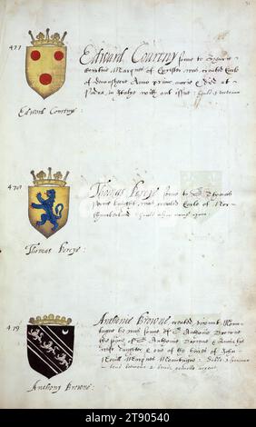 Buch der englischen Heraldik, Wappen von Edward Courtnye, Thomas Percye und Anthony Browne, dieses Buch der englischen Heraldik wurde um ca. 1589. Das Manuskript gehörte der Familie Spencer, bekannt durch Inschriften auf den ersten Flügelblättern, einschließlich des Mottos „Dieu defende Le Droit“ (Gott verteidigt die Rechte). Dieses Motto wurde seit langem mit der Familie Spencer aus England, der Familie von Prinzessin Diana, sowie den Spencers, die zu den Gründern von Virginia gehörten, in Verbindung gebracht Stockfoto