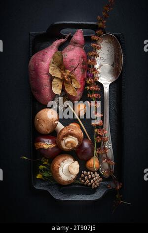 Süßkartoffeln, Pilze, Haselnüsse und Kastanien auf Metalltablett Stockfoto