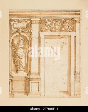 Design für eine Wanddekoration, 1570er Jahre, Jacopo Zucchi und Studio, Italienisch, Florenz um 1541-1590 Rom, 15 11/16 x 14 Zoll (39,85 x 35,56 cm) (Außenrahmen)9 1/2 x 7 7/8 Zoll (24,13 x 20 cm) (Anblick), Stift und braune Tinte und Waschung, Italien, 16. Jahrhundert, ausgebildet in Florenz unter Giorgio Vasari, verbrachte Jacopo Zucchi den Großteil seiner Karriere in Rom und arbeitete dort für Mitglieder der Familie Medici. Diese architektonische Zeichnung ist für ein unbekanntes dekoratives Projekt gedacht; das Wappen über dem Eingang mit den sechs Kugeln oder Palle der Medici deutet darauf hin, dass es für sie ausgeführt wurde. Stockfoto