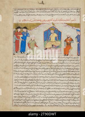 Sultan Mahmud ibn Muhammad ibn Malik-Shah thront, 1425–30, Ḥāfiẓ-i Abrū, starb 1430, 16 9/16 x 12 15/16 cm. (42,1 x 32,8 cm) (Blatt)14 3/16 x 9 13/16 Zoll (36 x 25 cm) (Bild), Tinte, undurchsichtiges Aquarell, und Gold auf Papier, Afghanistan, 15. Jahrhundert, die zentrale Figur ist ein thronender König, Mughith ad-Dunya Wa'd DIN Qasin Mahmud, Sohn von Mahmud, Enkel von Malik Shah, Urenkel von Alp Arslan aus Seldschuk Dynastie, König von Iran (571-525 n. Chr. - 1117-1131 n. Chr.). Er gibt vier Männern Publikum, von denen einer vor ihm kniet. Zu seiner Linken sitzt ein Mann neben dem König auf einem Lagerhocker Stockfoto