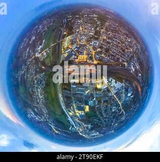 Luftbild, Nachtaufnahme Innenstadt City-Ansicht mit dem Hauptbahnhof Hbf und Allee-Center am Fluss Lippe und Datteln-Hamm-Kanal, Erdkugel, Fisheye Aufnahme, Fischaugen Aufnahme, 360 Grad Aufnahme, winzige Welt, kleiner Planet, Fisheye Bild, Mitte, Hamm, Ruhrgebiet, Nordrhein-Westfalen, Deutschland ACHTUNGxMINDESTHONORARx60xEURO *** Luftansicht, Nachtsicht Stadtansicht mit Hauptbahnhof Hbf und Allee Center an Lippe und Datteln Hamm Kanal, Erdkugel, Fischaugenbild, Fischaugenbild, 360 Grad Bild, winzige Welt, kleiner Planet, Fischaugenbild, Zentrum, Hamm, Ruhrgebiet, Nordrhein- Stockfoto