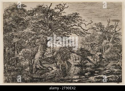 A Forest Marsh with Travelers on a Bank, 1651–1655, Jacob van Ruisdael, Niederländisch, 1628 oder 1629–1682, 1/8 x 9/16 Zoll (18,1 x 26,83 cm) (Platte, Blatt, an den Kanten zugeschnitten)7 3/8 x 10 3/4 Zoll (18,73 x 27,31 cm) (Montierung, Streifen entlang der Blattränder), Ätzen und Trockenspitzen, Niederlande, 17. Jahrhundert, Jacob van Ruisdael gehört zu den angesehensten Landschaftskünstlern des Goldenen Zeitalters Hollands. Er war ein produktiver Maler und machte etwa ein Dutzend Radierungen. In den Reisenden führte er die Ätznadel mit außergewöhnlicher Freiheit und Ausdruckskraft, eine Abkehr von der Zartheit, die normalerweise in dem Werk zu sehen ist Stockfoto