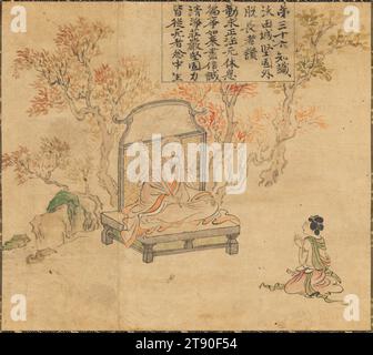 Die sechsunddreißigste Etappe aus Zenzai Dōji Pilgerfahrten, auch bekannt als Zenzai Dōji emaki, 14. Jahrhundert, Unbekanntes Japanisch, 13 x 9/16 cm. (33,02 x 36,99 cm) (Bild)44 1/2 x 7/8 Zoll (113,03 x 47,94 cm) (Halterung, ohne Rolle), Handrollenfragment, montiert als hängende Rolle; Tinte und helle Farbe auf Papier, Japan, 14. Jahrhundert Stockfoto