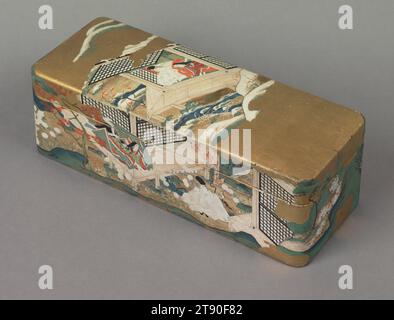 Box mit Szenen aus der Geschichte von Genji, 18. Jahrhundert, Unbekanntes Japanisch, 3 1/2 x 3 3/4 x 9 7/8 cm (8,89 x 9,53 x 25,08 cm), bemalter Holzschreibkasten; Tinte und Farbe auf vergoldetem Holz, Japan, 18. Jahrhundert, Künstler stellten ikonische Szenen aus der Geschichte von Genji in verschiedenen Formaten dar, darunter runde und faltbare Ventilatoren, bemalte hängende Rollen, faltbare Bildschirme, Alben und Behälter. Dieses Feld für persönliche Gegenstände enthält Szenen aus den Kapiteln 17, 20 und 49. Die dargestellten Szenen wurden scheinbar nicht wegen ihres erzählerischen Inhalts, sondern für die Saison ausgewählt, in der jede Szene stattfindet Stockfoto