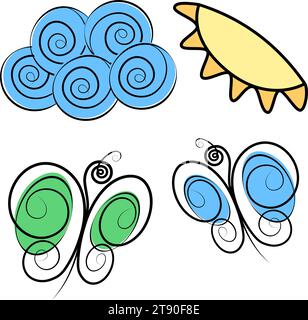 Set aus abstrakten dekorativen Elementen der Natur. Stilisiertes Designkonzept aus Schmetterlingen, Wolken und Sonne. Vektor für Poster, Banner, Plakate, Gruß- oder Einladungskarten, Preisschilder, Etiketten oder Web Stock Vektor
