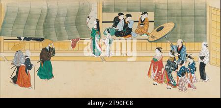 Szenen aus dem Pleasure Quarters, erste Hälfte des 18. Jahrhunderts, Ōoka Michinobu, Japaner, Akt. c. 1720-1740, 11 3/8 x 259 3/4 Zoll (28,89 x 659,77 cm) (Bild)11 3/8 x 276 15/16 Zoll (28,89 x 703,42 cm) (Mount), Tinte, Farbe und Gold auf Papier, Japan, 18. Jahrhundert, zeigt diese Handrolle eine Reihe von Szenen aus dem Yoshiwara, dem ausgewiesenen Rotlichtviertel in der Hauptstadt Edo (heute Tokio). Während die Scroll von rechts nach links abgerollt wird, erhält der Betrachter eine zunehmend interne Perspektive auf die verfeinerte Welt der Bordelle der Yoshiwara, von der ersten Bootsfahrt in Richtung des Bezirks Stockfoto