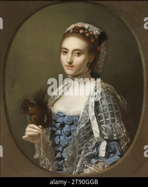 Portrait of Olive Craster, 1762, Sir Nathaniel Dance-Holland, Britisch, 1735–1811 1/2 x 11/16 Zoll (72,39 x 60,17 cm) (Sicht)35 1/2 x 30 5/8 x 1/2 Zoll (90,17 x 77,79 x 6,35 cm) (Außenrahmen), Öl auf Leinwand, England, 18. Jahrhundert, Olive Craster, als Erbin einer angesehenen Familie und Ehemann George unternahmen sie kurz nach ihrer Heirat eine teure und ausgedehnte Reise durch Frankreich und Italien, in der Olive akribische Notizen über ihre Einkäufe, einschließlich Kleidung und andere modische Accessoires, hielt. Als Zeugnis weiblichen Ausdrucks und Erfahrens Stockfoto