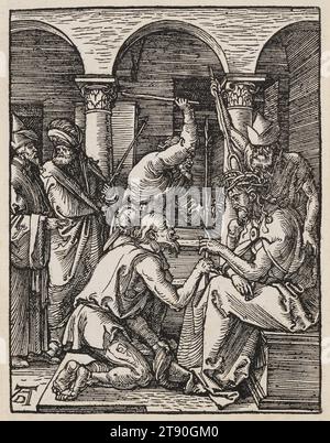 Christus mit Dornen gekrönt, um 1509, Albrecht Dürer, Deutsch, 1471–1528, 5 x 3 13/16 Zoll (12,7 x 9,68 cm) (Bild)5 5/16 x 4 1/8 Zoll (13,49 x 10,48 cm) (Blatt), Holzschnitt, Deutschland, 16. Jahrhundert, Christus sitzt auf einer Steinbank, umgeben von drei Peiniger. Die Krone ist so stachelig, dass einer der Männer sie mit einer Zange hält, während ein anderer sie mit einer Gabel auf den Kopf Christi drückt. Der dritte Mann kniet vor ihm und streckt seine Zunge aus, händigt Christus sein Zepter, einen Schössling oder einen Baumzweig, aus dem nach der Legende ein weiteres Kreuz wachsen könnte. Im Hintergrund zwei Zahlen Stockfoto