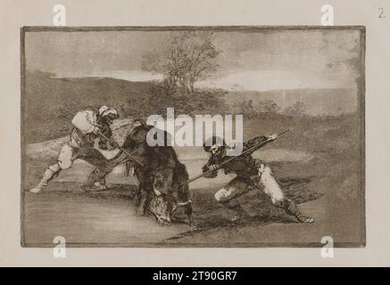 Otro modo de cazar á Pie (eine andere Art der Jagd zu Fuß), 1816, Francisco José de Goya y Lucientes, Spanisch, 1746–1828, 7 11/16 x 12 1/8 cm. (19,53 x 30,8 cm) (Bild)9 9/16 x 13 3/4 Zoll (24,29 x 34,93 cm) (Platte)11 3/8 x 16 1/4 Zoll (28,89 x 41,28 cm) (Blatt), Ätzen, brünierter Aquatint, Trockenspitze und Burium, Spanien, 19. Jahrhundert, in der 33 gedruckten Serie „Tauromaquia“ zeichnet Goya die Geschichte des Stierkampfes in Spanien nach, von Männern auf offenem Feld, wie sie im Otro modo de cazar á Pie (eine andere Art der Jagd zu Fuß) zu sehen sind, bis hin zu dem modernen, ritualisierten Spektakel, das es im 18. Jahrhundert wurde. Stockfoto