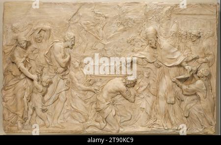 Papst Liberius tauft die Neophyten, 1647–49, Alessandro Algardi, Italienisch, (Rom), 1602–1654, 21 1/2 x 36 x 1 Zoll (54,61 x 91,44 x 2,54 cm), Terrakotta, Italien, 17. Jahrhundert, dieses Terrakotta-Relief ist das einzige bekannte Lehm-Studium für eine Skulptur, die den Marmorbrunnen des Heiligen Damasus im Vatikan schmückt. Der Brunnen wurde im 17. Jahrhundert von Papst Innozenz X. errichtet, um seine im 4. Jahrhundert für Papst Damasus errichteten Aquädukte zu restaurieren. Das Relief zeigt Damasus’ Vorgänger Liberius, der neue Konvertierte zum Christentum tauft. Damasus steht hinter ihm und hebt seinen Mantel Stockfoto