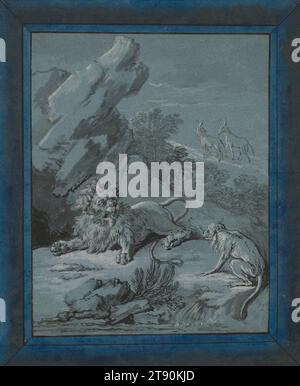 Le Lion, le signe et les deaux ânes, 1729-1734, Jean-Baptiste Oudry, Französisch, 1686-1755, 5/8 x 1/4 Zoll (24,45 x 18,42 cm) (Bild)11 3/4 x 9 11/16 Zoll (29,85 x 24,61 cm) (Sicht)18 7/8 x 16 1/4 x 1 Zoll (47,94 x 41,28 x 2,54 cm) (äußerer Rahmen), Pinselspitze und graue Waschung und schwarze Tinte, erhöht mit weiß, auf blauem Papier, innerhalb einer bemalten Montierung, Frankreich, 18. Jahrhundert, dies ist eine Illustration einer Fabel, die in den 1600er Jahren als Gedicht geschrieben wurde Der König der Bestien trifft auf einen Affen, der als weiser Ratgeber ausgeübt wird. Der Löwe bittet den Affen zu erklären, wie er als Anführer Selbstverherrlichung vermeiden kann Stockfoto