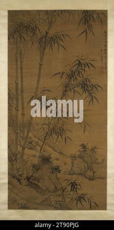 Bamboo and Rocks, 1688, Zhu Sheng, Chinesisch, 1617-c. 1691, 73 1/4 x 37 3/8 Zoll (186,06 x 94,93 cm), Tinte auf Seide, China, 17. Jahrhundert, Zhu Sheng wurde in der modernen Stadt Hangzhou in der Provinz Zhejiang geboren. Er studierte bei Lu Dezhi (1585–1660), einem Spezialisten für Bambus- und Orchideenmalereien, der wiederum von den großen Meistern der Song-Dynastie der Bambusmalerei Su Shi (1036–1101) und Wen Dong (1019–1079) inspiriert wurde. Dieser Hintergrund verwurzelte Zhu Sheng in einem eher bildhaften Ansatz der Malerei. Die zweite Ausgabe des berühmten Mustard Seed Garden Painting Manuals zeigte Zhu Shengs Entwürfe Stockfoto