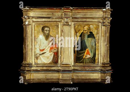 Abt Saint Bartholomaius und Saint Antonius, 1408, Mariotto di Nardo, Italienisch (Florenz), Italienisch (Florenz), aktiv 1394 - 1424, 14 x 17 1/2 x 2 7/8 Zoll (35,56 x 44,45 x 7,3 cm) (insgesamt)7 1/2 x 4 3/4 Zoll (19,05 x 12,07 cm) (Abt des Heiligen Antonius)7 1/2 x 1/2 Zoll (19,05 x 11,43 cm) (St. Bartholomäus), Tempera auf Pappeltafel, Italien, 15. Jahrhundert, Mariotto war berühmt für seine scharfen Details und die Art von subtilen Farbverschiebungen, die in den gefiederten Flügeln und drapierten Gewändern der Engel zu sehen waren. Diese kleinen Tafeln krönten einst die oberen Ecken eines großen Altaraufsatzes, der für eine Kirche am Stadtrand von Florenz gebaut wurde Stockfoto