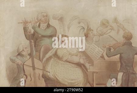 Nach dem PIC-NIC Orchestra, Nr. 517, Anfang des 19. Jahrhunderts, nach James Gillray, Brite, 1756 - 1815, 10 1/8 x 15 5/8 Zoll (25,72 x 39,69 cm) (Bild, unregelmäßig), braune Tinte und Aquarell, England, 19. Jahrhundert Stockfoto