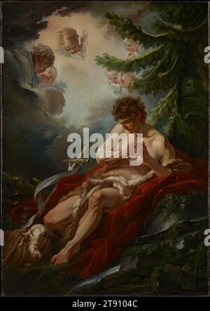 Saint John the Baptist, um 1755, Francois Boucher, Französisch, 1703–1770 64 1/2 x 45 1/2 Zoll (163,83 x 115,57 cm) (Leinwand)76 x 56 1/2 x 4 Zoll (193,04 x 143,51 x 10,16 cm) (Außenrahmen), Öl auf Leinwand, Frankreich, 18. Jahrhundert, Boucher malte dieses Bild für seine Patronin, Madame de Pompadour, die Geliebte Ludwigs XV Zum Teil um der religiösen Fraktion am Hof zu gefallen, beauftragte sie Andachtsbilder für die Kapellen in ihren verschiedenen Wohnhäusern. Sie bestellte diesen von Johannes, ihrem schutzheiligen, für eine Kapelle im Kapuzinerkloster in Paris, wo sie eine Wohnung hatte und sich regelmäßig zurückzog Stockfoto
