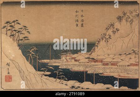Uraga in der Provinz Sagami, ca. 1840-1842, Utagawa Hiroshige; Herausgeber: Maruya Seijirō, Japanisch, 1797 - 1858, 8 3/4 x 13 11/16 Zoll (22,2 x 34,7 cm) (Bild)10 x 1/4 Zoll (25,4 x 36,2 cm) (Blatt), Holzschnitt (nishiki-e); Tinte und Farbe auf Papier, Japan, 19. Jahrhundert Stockfoto