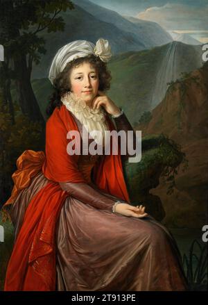 Porträt von Gräfin Maria Theresia Bucquoi, geb. Parr, 1793, Elisabeth Louise Vigée-Le Brun, Französisch, 1755 - 1842, 53 1/2 x 39 Zoll. (135,9 x 99 cm) 61 1/2 x 47 x 1/2 Zoll (156,21 x 119,38 x 8,89 cm) (Außenrahmen), Öl auf Leinwand, Frankreich, 18. Jahrhundert, im Alter von 24 Jahren schuf Vigée-Lebrun ihr erstes Porträt der Königin Marie-Antoinette von Frankreich und blieb im Laufe ihrer Karriere die Hauptporträtistin der französischen Aristokratie. In der Nacht, in der die Revolutionäre Louis XVI. Und seine Königin 1789 verhafteten, floh Vigée-Le Brun aus Frankreich und reiste durch Europa ins Exil Stockfoto