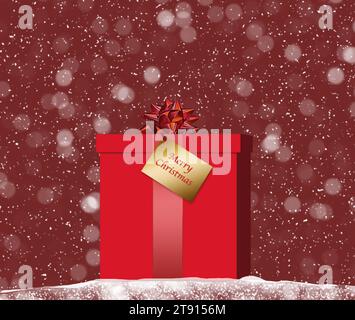 Ein Weihnachtsgeschenk ist in einem Schneesturm in einer 3D-Illustration zu sehen. Stockfoto