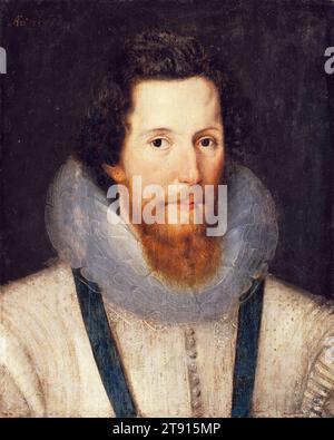 Porträt von Robert Devereux, 2. Earl of Essex, 1599, Studio von Marcus Gheeraerts the Younger, Flämisch, 1561/62–1636, 19 1/2 x 15 1/2 cm. (49,53 x 39,37 cm), Öl auf Platte, England, 16. Jahrhundert, der Earl of Essex war ein englischer Adliger und ein Favorit von Königin Elisabeth I. Politisch ambitioniert und ein engagierter General, wurde er nach einem schlechten Feldzug in Irland während des Neunjährigen Krieges 1599 unter Hausarrest gestellt. 1601 führte er einen gescheiterten Staatsstreich gegen die Regierung an und wurde wegen Hochverrats hingerichtet Stockfoto