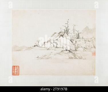 Landschaft in der Art von Ni Zan, Anfang des 17. Jahrhunderts, Cheng Jiasui, Chinesisch, 1565 - 1643, 3/4 x 3/4 Zoll (19,69 x 24,77 cm), Tinte auf Papier, China, 17. Jahrhundert Stockfoto