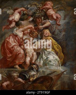 Die Union von England und Schottland (Karl I. als Prinz von Wales), 1633–34, Peter Paul Rubens, Flämisch, 1577–1640, 33 1/4 x 7/8 Zoll (84,46 x 65,72 cm) (Platte), Öl auf gessoed Holz (Eiche) Platte, Niederlande, 17. Jahrhundert, König Karl I. von England (regierte 1625–49) beauftragte Rubens mit der Dekoration der Decke des Banketts House of Whitehall Palace in London. Die riesigen Leinwände feiern die Stuart-Monarchie und die Herrschaft von Karls Vater, König Jakob VI. Von Schottland, der 1603 als Nachfolger von Königin Elisabeth I. Jakob I. von England und Irland wurde Diese Ölskizze repräsentiert Charles Stockfoto