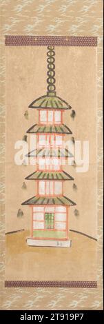 Pagode, Ende des 19. Jahrhunderts, unbekanntes Japanisch, 23 3/8 x 9 1/4" (59,4 x 23,5 cm), hängende Schriftrolle; Tinte und Farbe auf Papier, Japan, 19. Jahrhundert, Eine Pagode ist ein beeindruckender Teil eines buddhistischen Tempelkomplexes, hoch über den Bäumen und winzig die benachbarten Gebäude. Ein heiliges Relikt, das im Steinfundament oder unter der zentralen Holzsäule platziert ist, macht das gesamte Gebäude zu einem Schwerpunkt der Anbetung Stockfoto