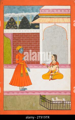 Krishna und Radha, ca. 1680, 8 3/4 x 6 Zoll (22,23 x 15,24 cm), undurchsichtiges Aquarell auf Papier, Indien, 17. Jahrhundert, The Rasikapriya (das Liebesbreviar), ein Vers aus dem späten 16. Jahrhundert in Hindi des Dichters Keshavadasa, analysiert die Stadien der Liebe durch Analogie zu romantischen Vorfällen mit Radha und Krishna. Dieser literarische Klassiker wurde zu einer beliebten Quelle für Hofmalerei in den hinduistischen Höfen von Rajasthan. Die allegorische vereinigung von Krishna, dem Dunklen Herrn, mit seiner Gemahlin Radha, war ein beliebtes Thema in der Rajput-Malerei, besonders unter den Anhängern der Vallabharya-Sekte Stockfoto