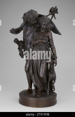 L'Amour et L'Amité, ca. 1857, Albert-Ernest Carrier-Belleuse, Französisch, 1824–1887, 30 x 12 Zoll (76,2 x 30,48 cm), Bronze, Frankreich, 19. Jahrhundert, Carrier-Belleuse debütierte 1850 im Salon, aber es war die Ausstellung von Werken wie Liebe und Freundschaft im Salon 1857, die die Anerkennung des Bildhauers erhielt. Die allegorische Verbindung von Liebe und Freundschaft wurde erstmals in den 1750er Jahren unter Madame de Pompadour Schirmherrschaft populär, fiel aber Ende des 18. Jahrhunderts aus der Mode. Zu einer Zeit, als Rokoko-Themen und -Stile wieder im Trend waren, führte Carrier-Belleuse dieses Thema wieder ein. Stockfoto