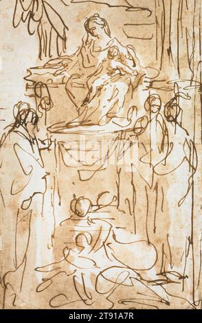 Madonna und Kind mit Heiligen (Sacra Conversazione), 18. Jahrhundert, Domenico Tiepolo zugeschrieben; Künstler: Früher Pietro Antonio de' Pietri zugeschrieben, Italienisch (Venedig), Italienisch (Venedig), 1727–1804, 4 3/4 x 3 1/8 cm. (12,07 x 7,94 cm) (Blatt)19 3/4 x 15 3/4 Zoll (50,17 x 40,01 cm) (Außenrahmen), Stift und braune Tinte, Pinsel und braune Waschung, Italien, 18. Jahrhundert Stockfoto