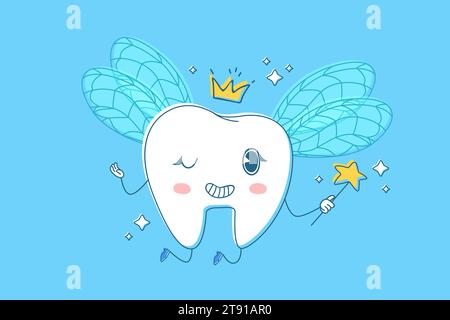 Zahnfee. Funkelnder Zahn mit Flügeln, Krone und Zauberstab. Niedliches Kinderzahnklinik Maskottchen. Stock Vektor Cartoon Hand gezeichnete Illustration. Stock Vektor