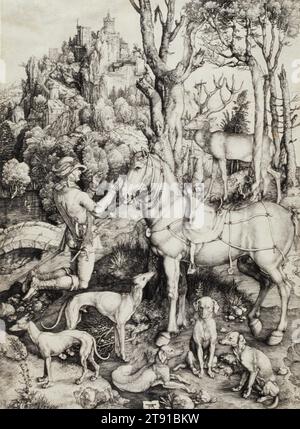 St. Eustace, um 1501, Albrecht Dürer, Deutsch, 1471–1528 14 x 1/4 Zoll (35,56 x 26,04 cm) (Bild), Gravur, Deutschland, 15.-16. Jahrhundert Stockfoto