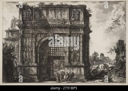 Arch von Trajan in Beneventum im Königreich Neapel, 1778, Giovanni Battista Piranesi, Italienisch (Rom), Italienisch, 1720–1778, 18 3/4 x 28 1/4 Zoll (47,63 x 71,76 cm) (Platte)19 3/4 x 29 3/16 Zoll (50,17 x 74,14 cm) (Blatt), Ätzen, Italien, 18. Jahrhundert Stockfoto