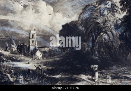 Stoke-by-Nayland, Suffolk, 1829-1830, John Constable; Künstler: David Lucas, Britisch, 1776–1837, 5 5/8 x 8 5/8 Zoll (14,29 x 21,91 cm) (Platte)5 5/8 x 8 5/8 Zoll (14,29 x 21,91 cm) (Blatt), Mezzotint mit Hinzufügungen in schwarzer Tinte, Bleistift und weißer Erhöhung, England, 19. Jahrhundert Stockfoto