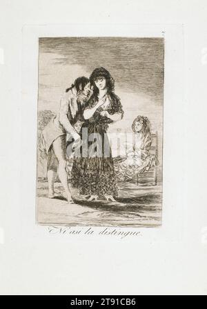 NI asi la Distingue (obwohl er sie nicht erkennen kann), aus Los Caprichos, 1799, Francisco José de Goya y Lucientes, Spanisch, 1746–1828, 7 3/4 x 5 7/8 cm. (19,69 x 14,92 cm) (Platte)11 1/4 x 7 13/16 Zoll (28,58 x 19,84 cm) (Blatt), Ätzen, Aquatint und Trockenspitze, Spanien, im 18. Jahrhundert, im Jahr 1793, machte eine Krankheit den spanischen Hofmaler Francisco Goya zutiefst taub, eine Bedingung, die ihn befreit haben könnte, unkonventionelle Themen in seiner Kunst zu erforschen. Einige Jahre später veröffentlichte er Los Caprichos, eine Reihe von 80 Radierungen und Aquatints, die sich mit Prostitution, Aberglauben und religiöser Ausbeutung beschäftigten Stockfoto