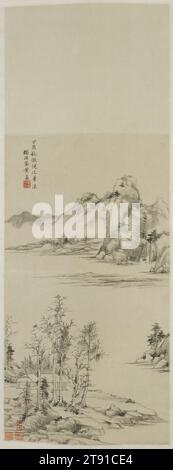 Landschaft in der Weise von Ni Zan, 1717, Huang Ding, 1660-1730, 36-1/2 x 13-13/16 Zoll (92,7 x 35,1 cm), Tinte auf Papier, China, 18. Jahrhundert, Huang Ding, auch bekannt als Kuang Ting und du Wang Ke, stammte aus Changzhou in der Provinz Jiangsu. Wie viele orthodoxe Qing-Maler wurde er von den ästhetischen Theorien von Dong Qichang (1555–1636) beeinflusst und studierte die Landschaft der Meister Song und Yuan. Signierte Gemälde von Huang zitieren die Stile von Dong Yuan (ca. 900–962), Ni Zan (1301–1374) und Dong Qichang als Inspiration für sein eigenes Werk Stockfoto