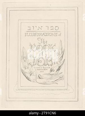 Titelseite aus Illustrations of the Book of Job, 1825, William Blake, Britisch, 1757–1827, 1/2 x 7/16 Zoll (21,59 x 16,35 cm) (Blatt), Gravur, England, 19. Jahrhundert, Ein Flug von sieben Engeln fällt ab, steigt dann entsprechend dem unterirdischen Lauf der Sonne wieder auf. Sie symbolisieren den Weg der Erfahrung – die zustände, die Hiob passiert. Im Uhrzeigersinn von rechts sind sie Luzifer, ein Mann in seinem ursprünglichen Zustand der Selbstständigkeit; Molech, der Henker; Elohim, der Richter der Anderen; Shaddai, der Ankläger; Pahad, die Ehre des Menschen vor den Folgen der höllischen Gerechtigkeit; Jehova, der Institutor der Gesetze Stockfoto